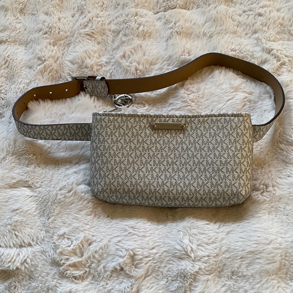 Michael Kors Silver White Logo Belt Bag with Silver Hardware